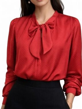 Cabi Front Knot Swiss Red Dot Print Satin V Neck Long Sleeve Blouse Sz M